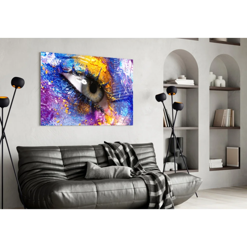 Vibrant abstract eye in explosive glass wall art print with blue purple gold splashes