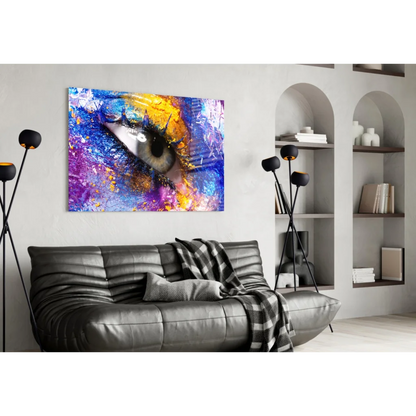 Vibrant abstract eye in explosive glass wall art print with blue purple gold splashes