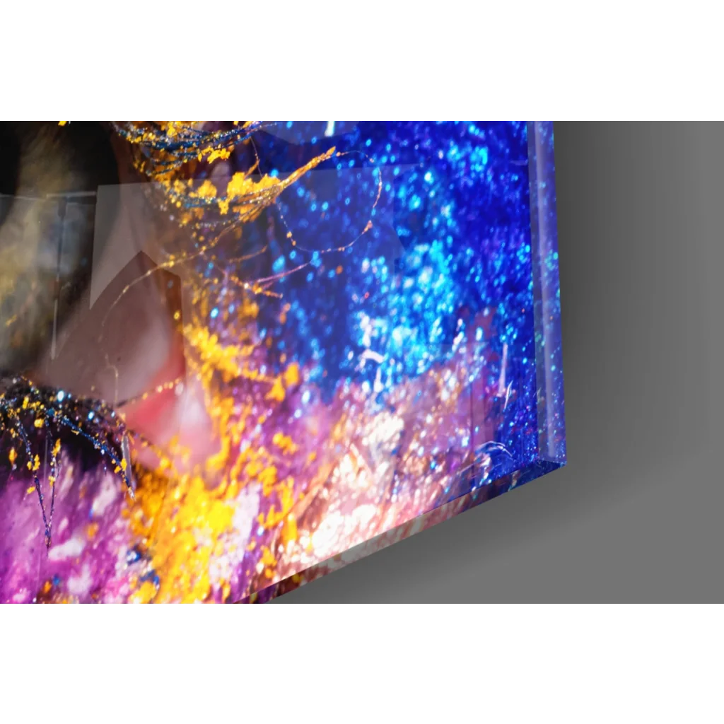 Vibrant explosive eye splash glass wall art with blue purple gold glitter
