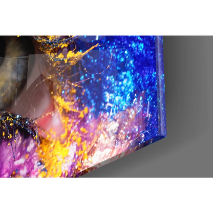 Vibrant explosive eye splash glass wall art with blue purple gold glitter