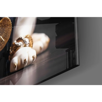 Bling Bulldog glass wall art: white glossy paw with gold nails, bracelet