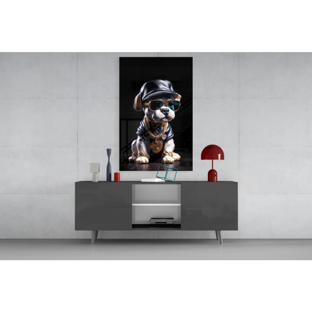 Bling bulldog glass wall art with shades and gold chains