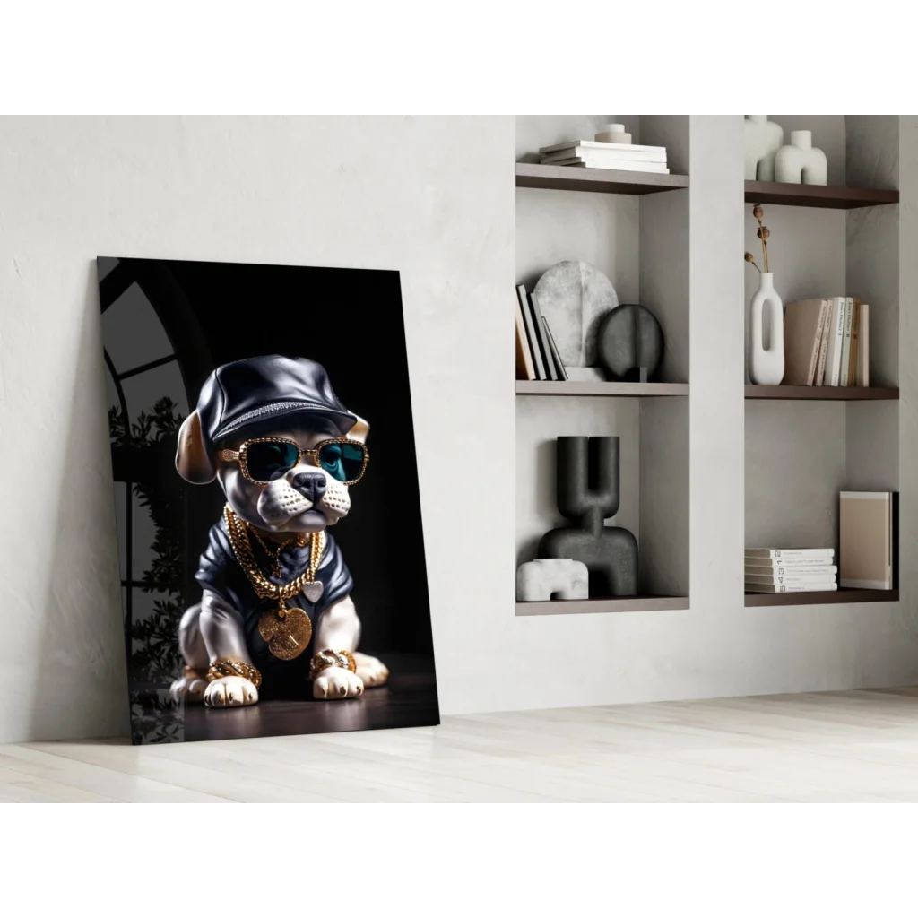 Bling bulldog glass wall art with gold chains and shades