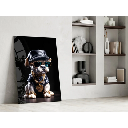 Bling bulldog glass wall art with gold chains and shades