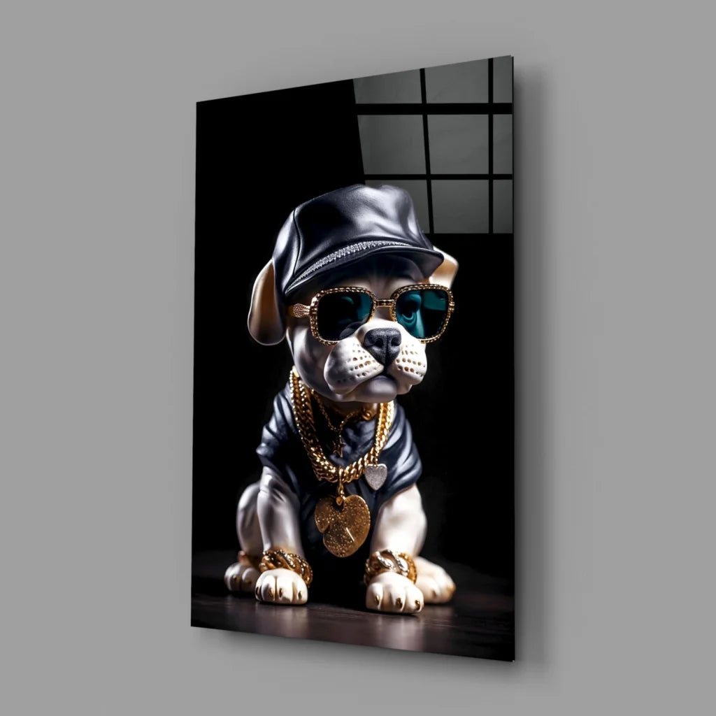 Bling bulldog glass wall art with gold chains and shades
