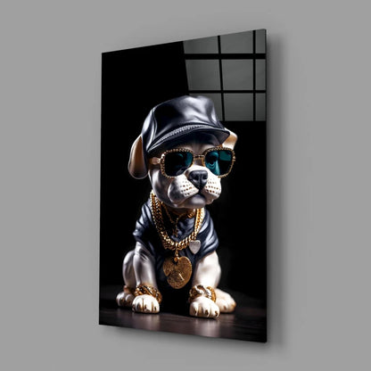 Bling bulldog glass wall art with gold chains and shades