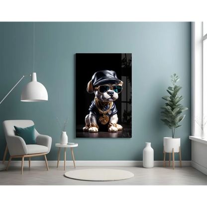 Stylish bling bulldog glass wall art with shades and gold chains