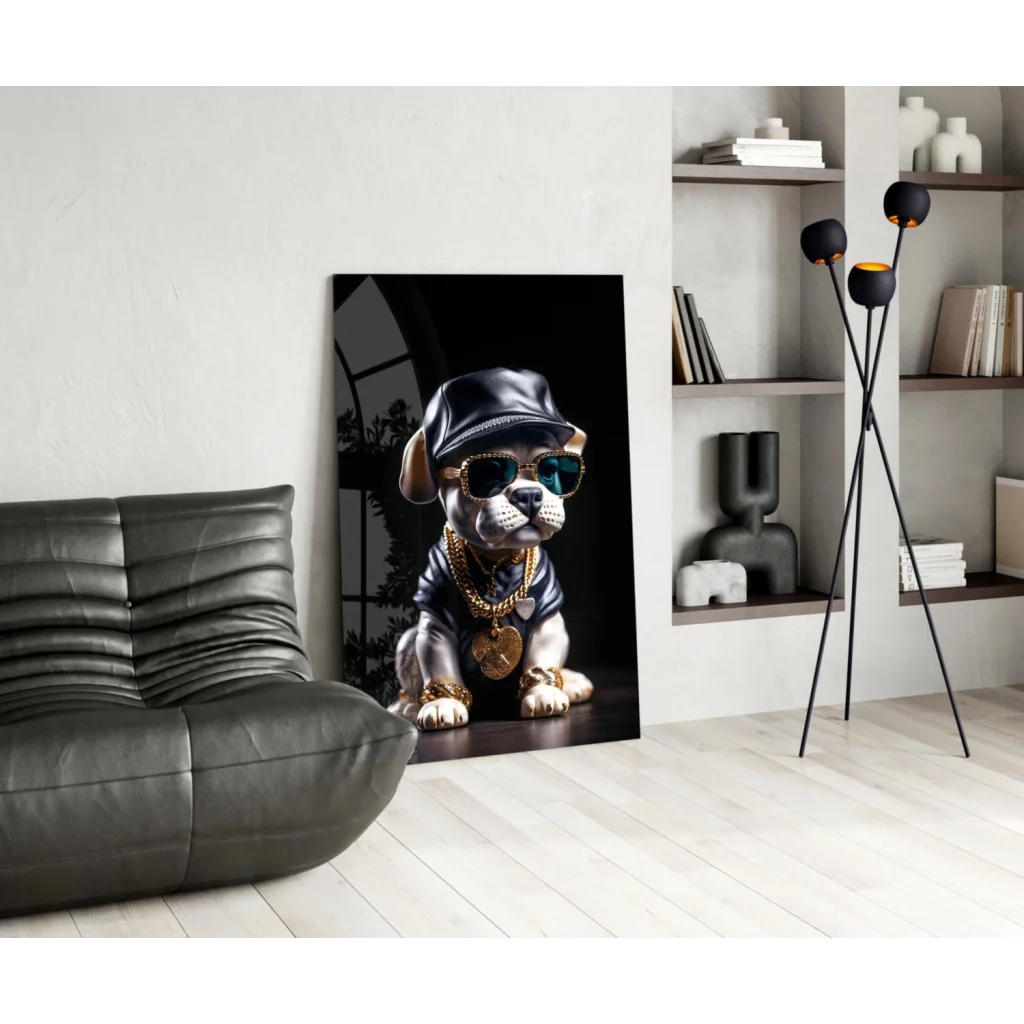 Stylish bling bulldog glass wall art with gold chains and shades