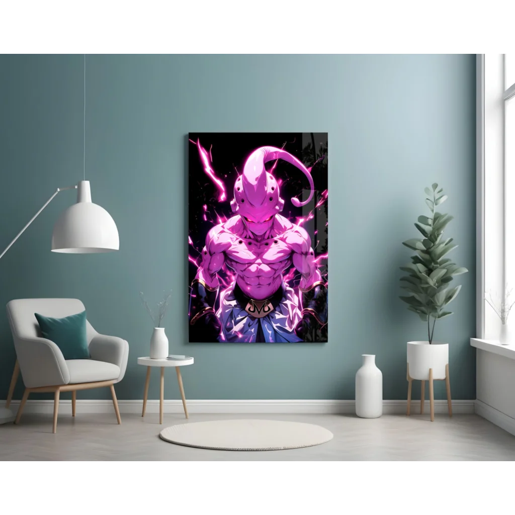 Glowing pink anime warrior glass wall art poster with muscular figure and energy effects