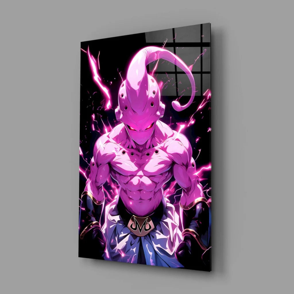 Glowing pink anime warrior on vibrant glass wall art poster