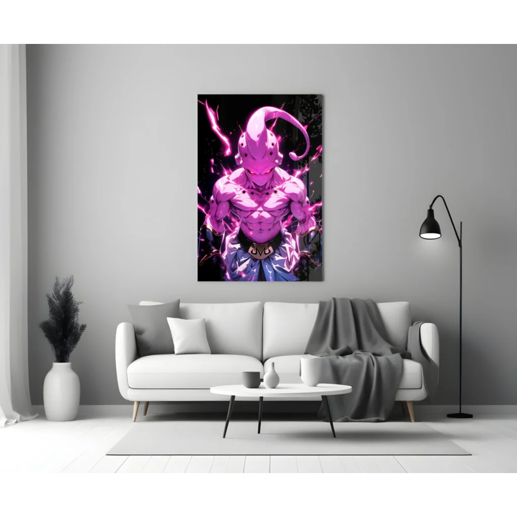 Glowing pink anime warrior on glass wall art poster