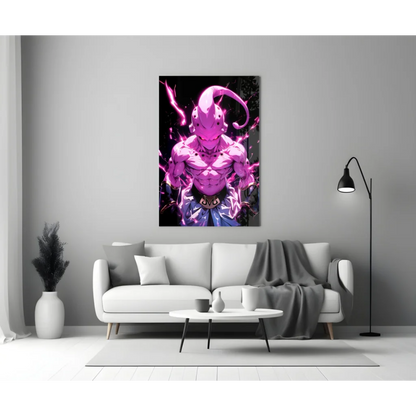 Glowing pink anime warrior on glass wall art poster