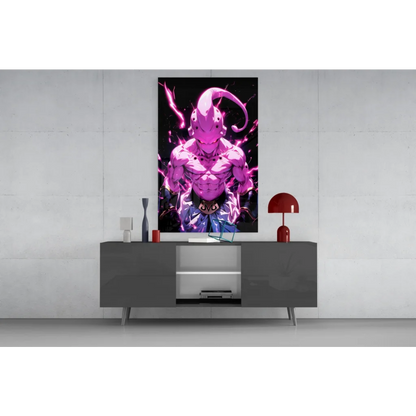 Glowing pink anime warrior glass wall art poster with muscular horned character