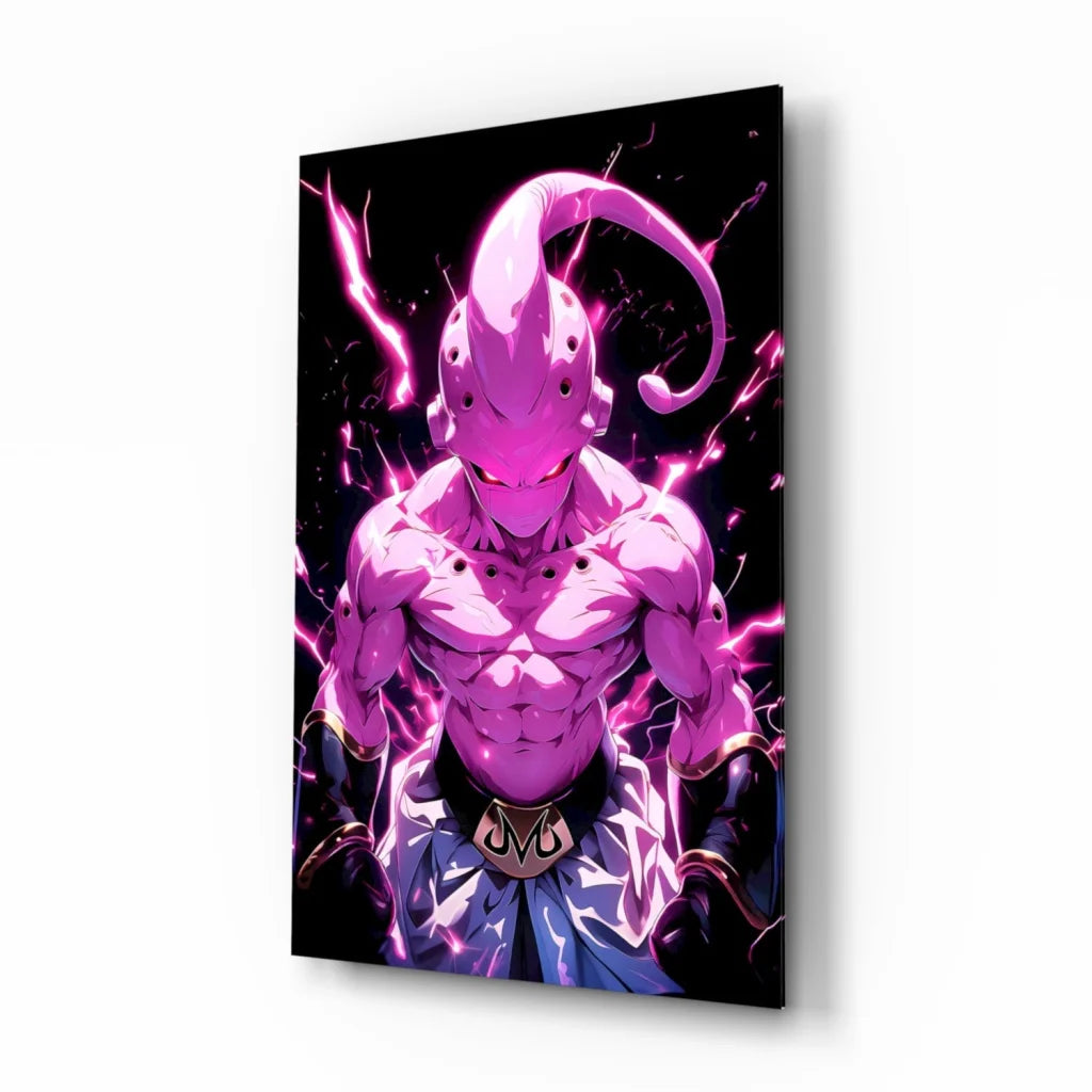 Glowing pink anime warrior glass wall art poster with muscular horned figure
