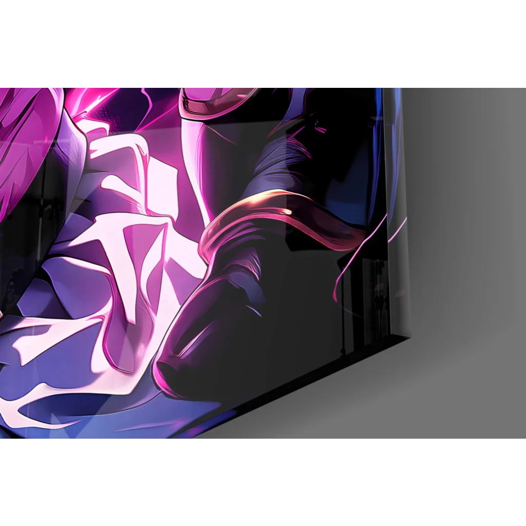 Glowing pink anime warrior on glossy black glass wall art