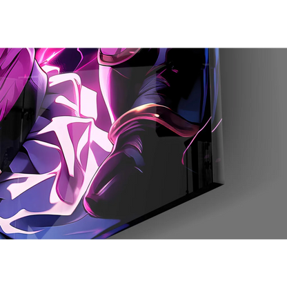 Glowing pink anime warrior on glossy black glass wall art