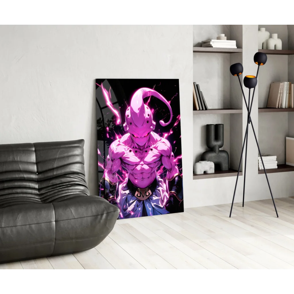 Glowing pink anime warrior glass wall art poster with muscular figure