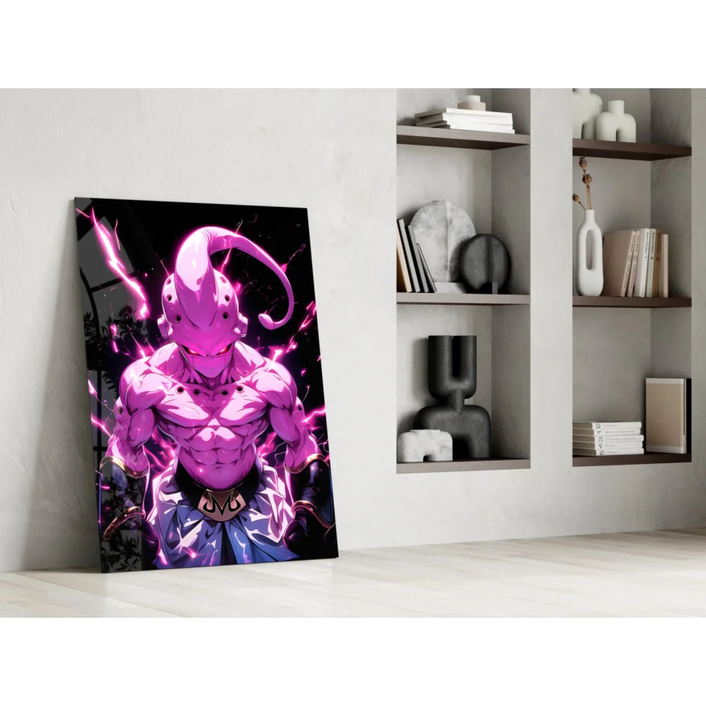 Vibrant pink anime warrior in glowing glass wall art poster