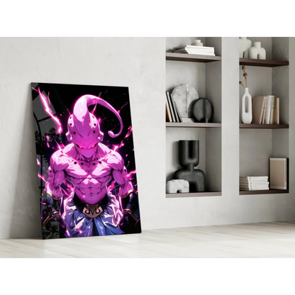 Vibrant pink anime warrior in glowing glass wall art poster