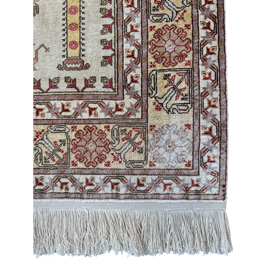 Pure silk Turkish Kayseri rug 1980s, beige red and gold geometric floral pattern with gray fringe