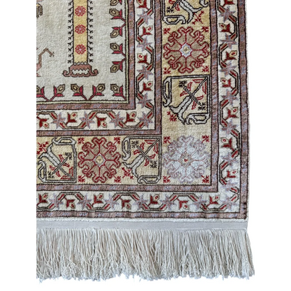 Pure silk Turkish Kayseri rug 1980s, beige red and gold geometric floral pattern with gray fringe
