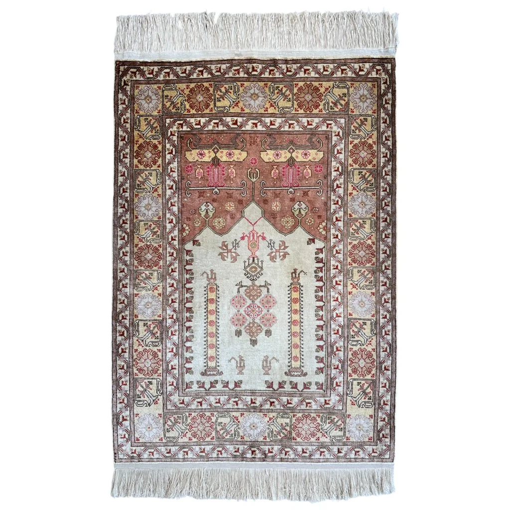 Vintage 1980s pure silk Turkish Kayseri rug, full view, intricate geometric floral patterns, shimmering pile