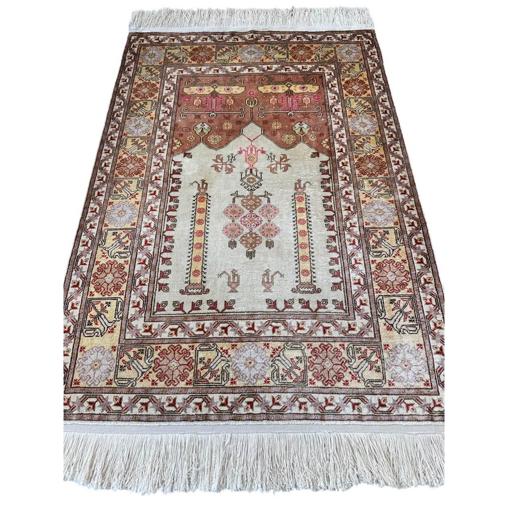 1980s Kayseri silk rug Turkey, detail of intricate geometric floral patterns in beige red and gold