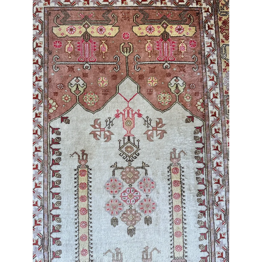 Vintage Turkish Kayseri silk rug 1980s, border and field pattern detail, pure silk hand-knotted
