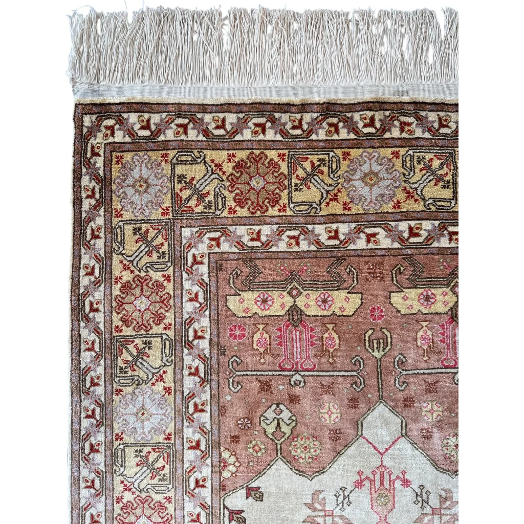 Pure silk Turkish Kayseri rug with handwoven geometric floral patterns