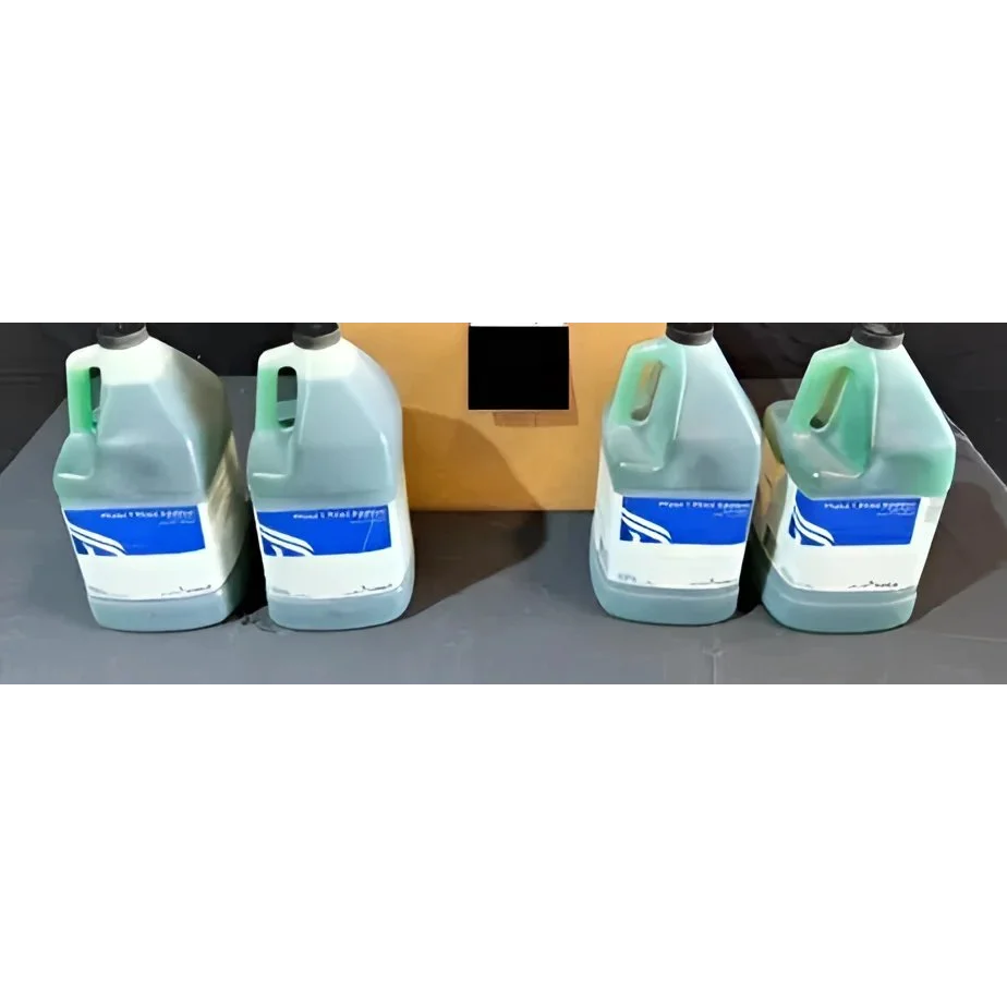 Four translucent plastic jugs of PureForce Phase rinse additive for warewashing machines