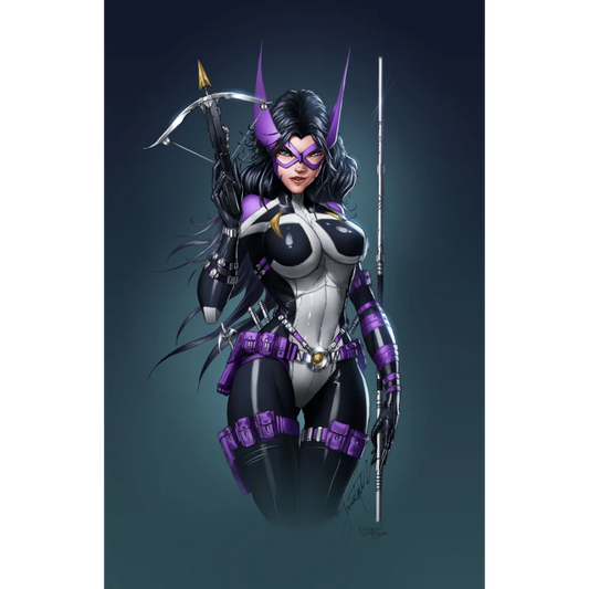 Purple armored superheroine in sleek black suit on brushed aluminum print