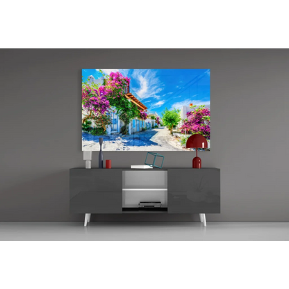 Vibrant Samsung QLED TV in purple bougainvillea wall art design