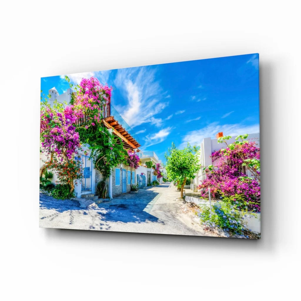 White and blue house with purple bougainvillea wall art canvas print