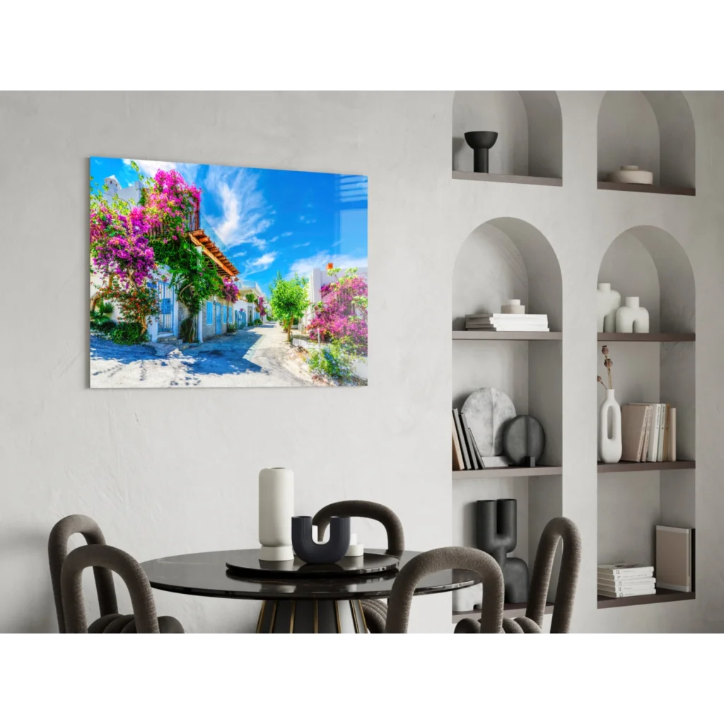 Purple Bougainvillea canvas wall art with Mediterranean charm and black round dining table