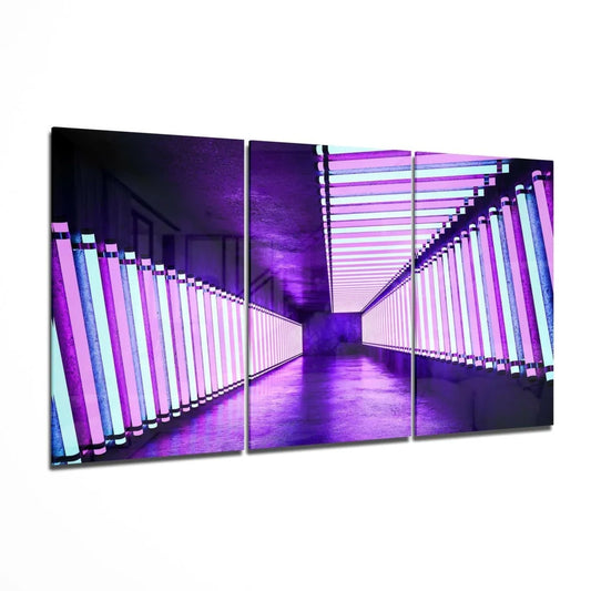 Futuristic neon corridor glass wall art triptych set