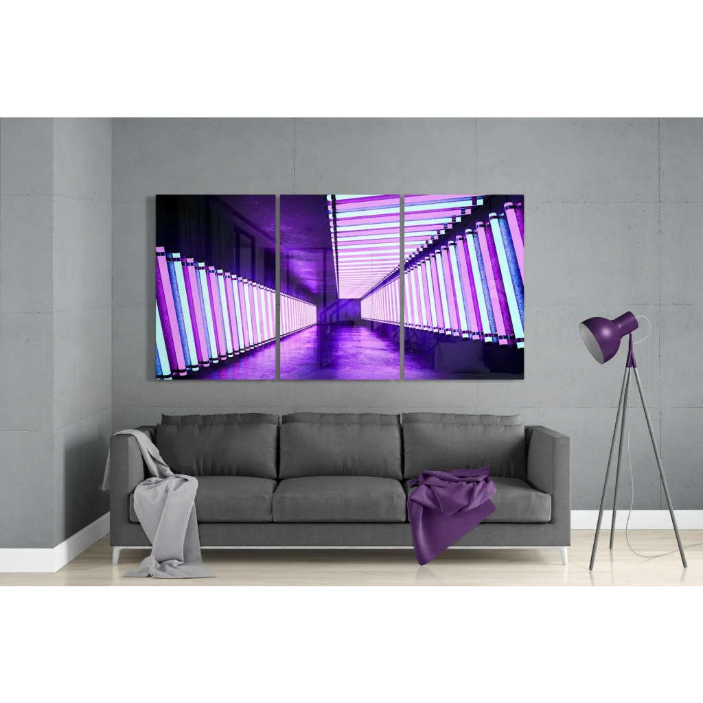 Neon Corridor Glass Wall Art Triptych Set | Modern Wall Art Decor | vintageantiquesgifts.com