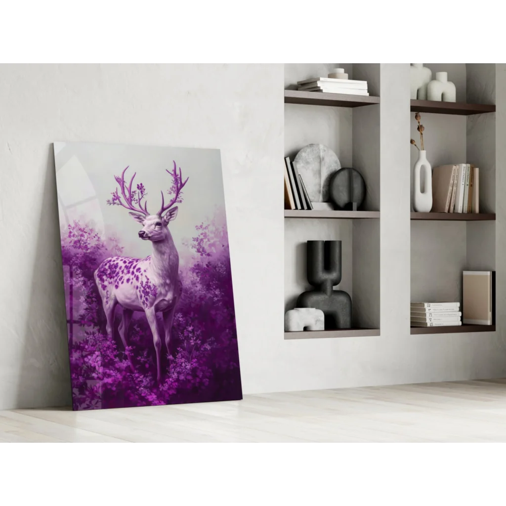 Stunning purple deer floral wall art canvas print with white accents