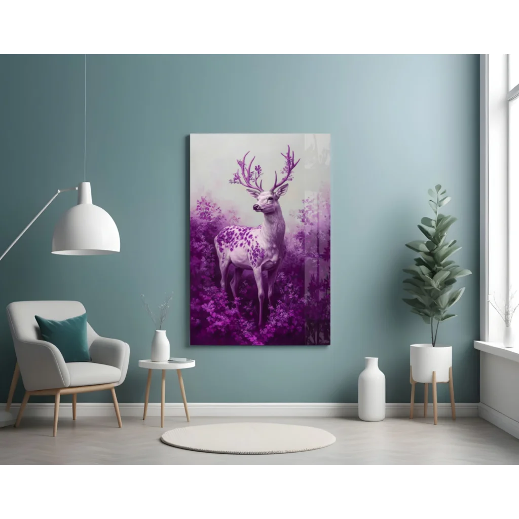 Vibrant purple deer with floral antlers in misty forest wall art canvas