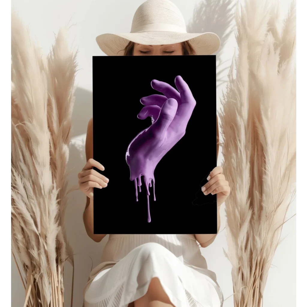 Purple dripping hand art print on sleek aluminum poster