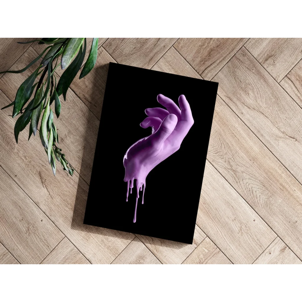 Purple dripping hand art print on sleek aluminum, black background