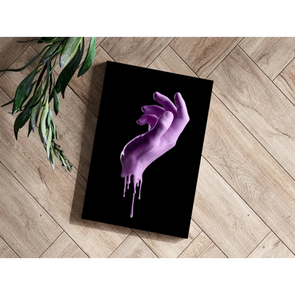 Purple dripping hand art print on sleek aluminum, black background