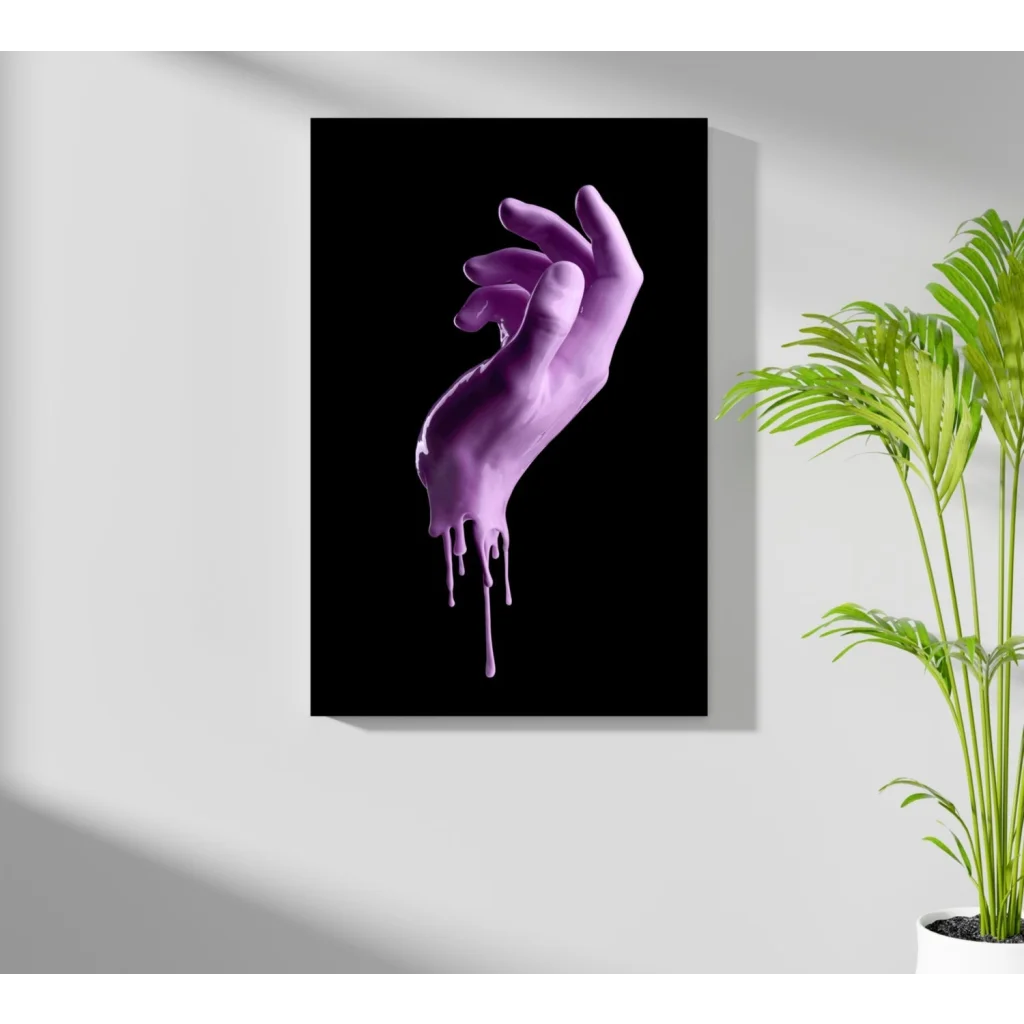 Purple dripping hand art print on sleek aluminum, black background
