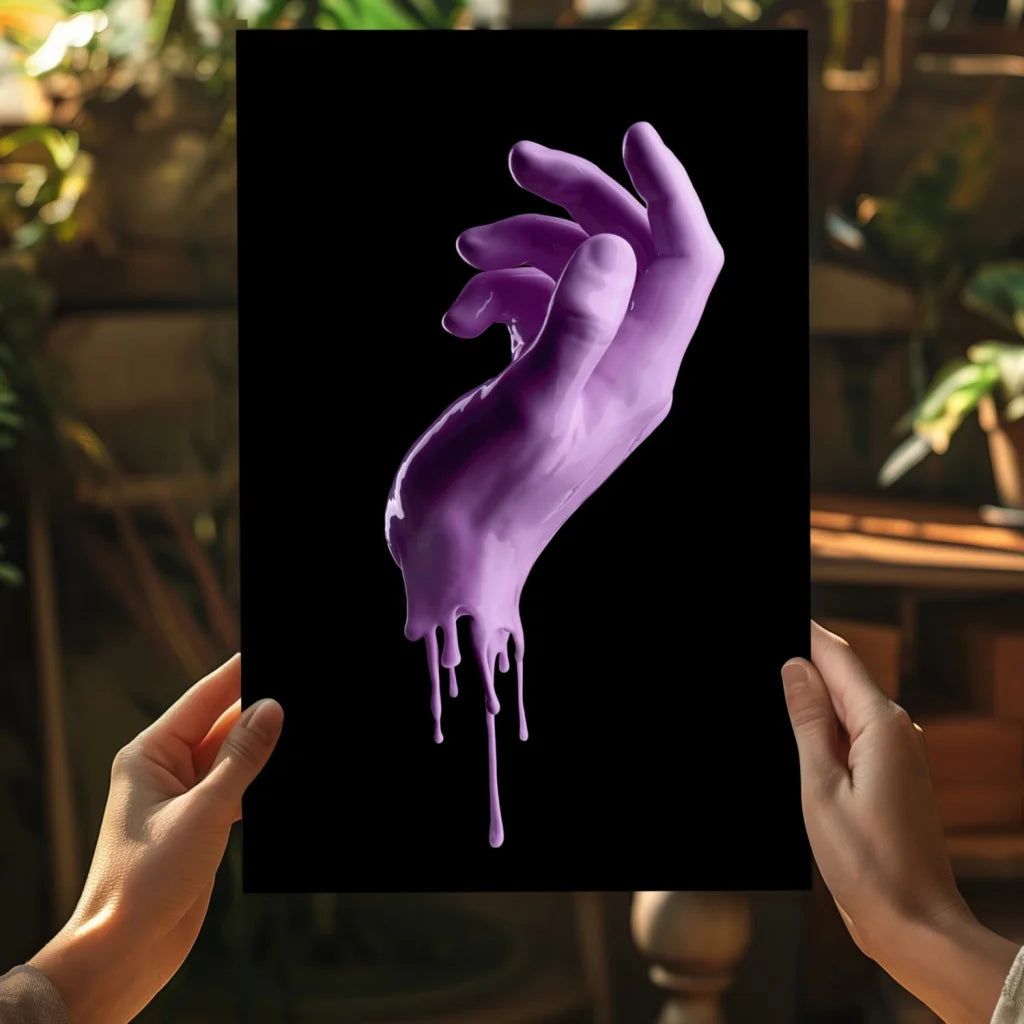 Purple dripping hand art print on sleek aluminum, glossy paint effect