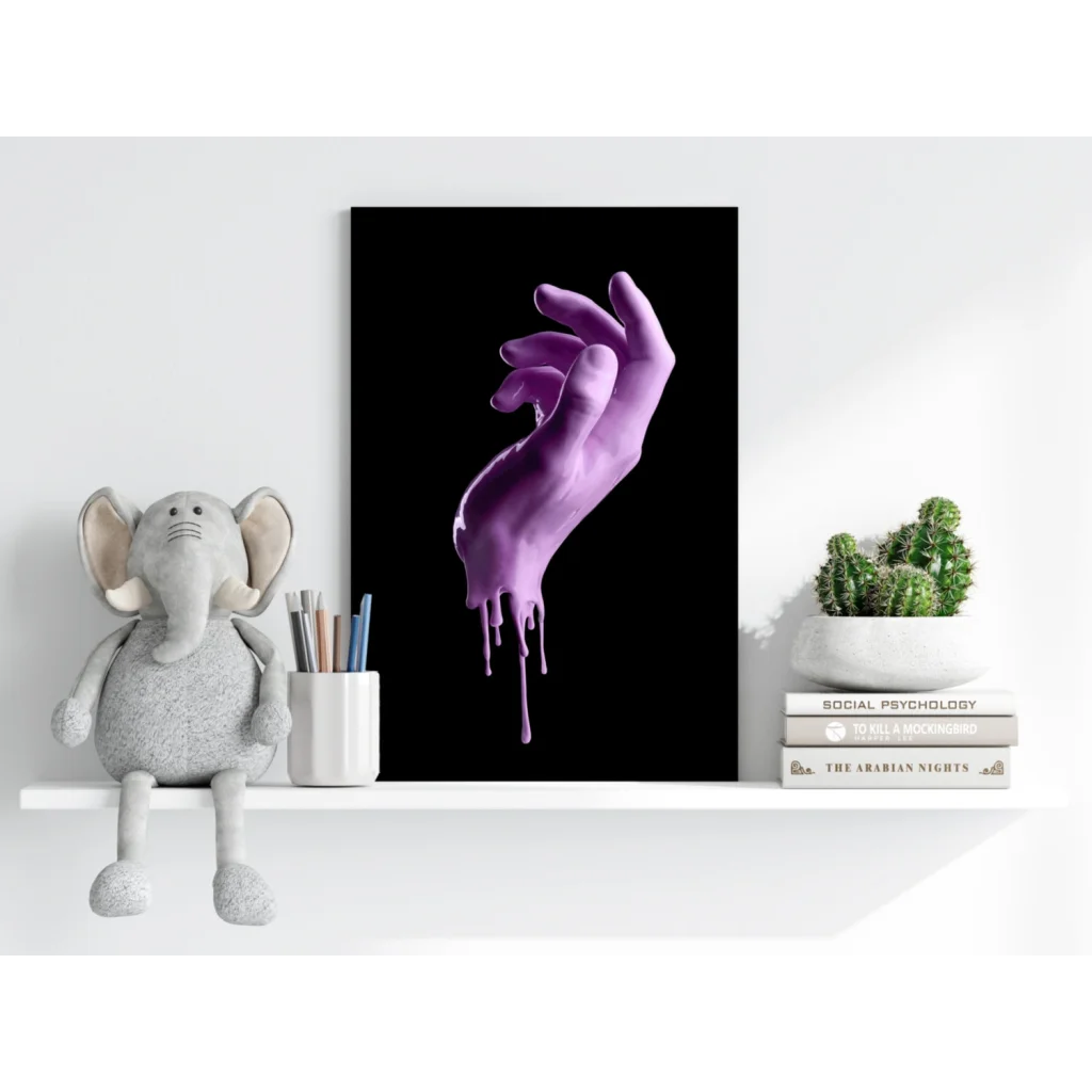 Purple dripping hand art print on sleek aluminum, glossy canvas effect on black