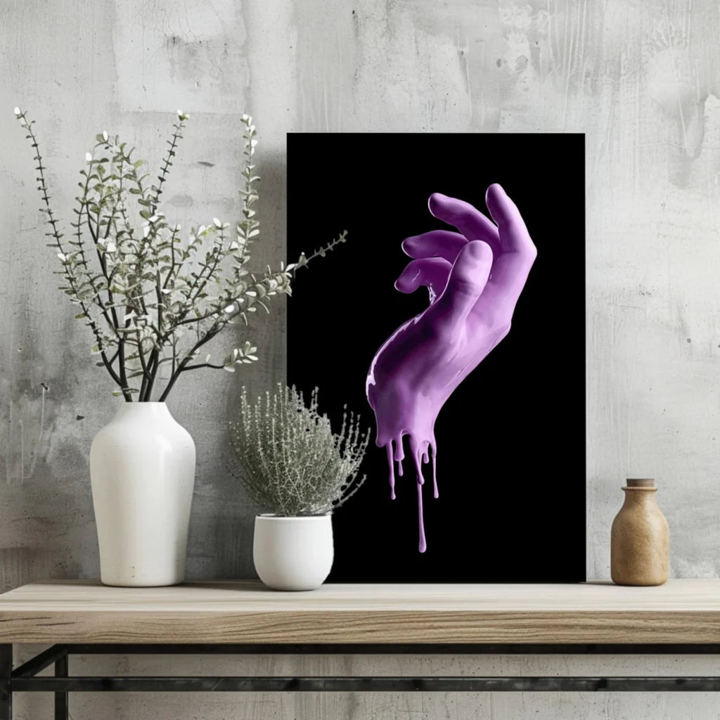 Purple dripping hand art print on sleek aluminum black background