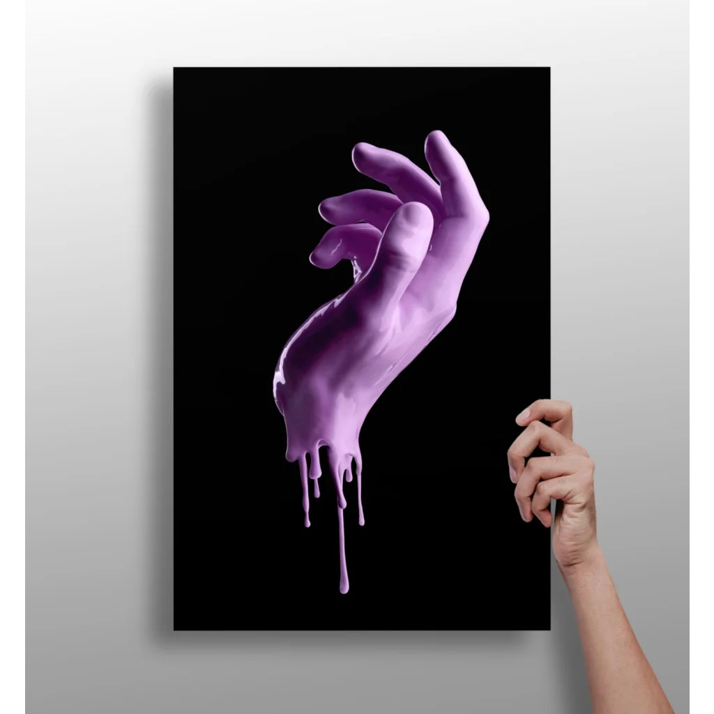 Purple dripping hand art print on sleek aluminum