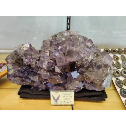 Purple elmwood cubic fluorite cluster with amethyst geode and sylvite, 20.4kg