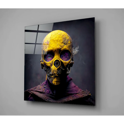 Purple Eyed Skull Glass Wall Art With Intricate Yellow Design