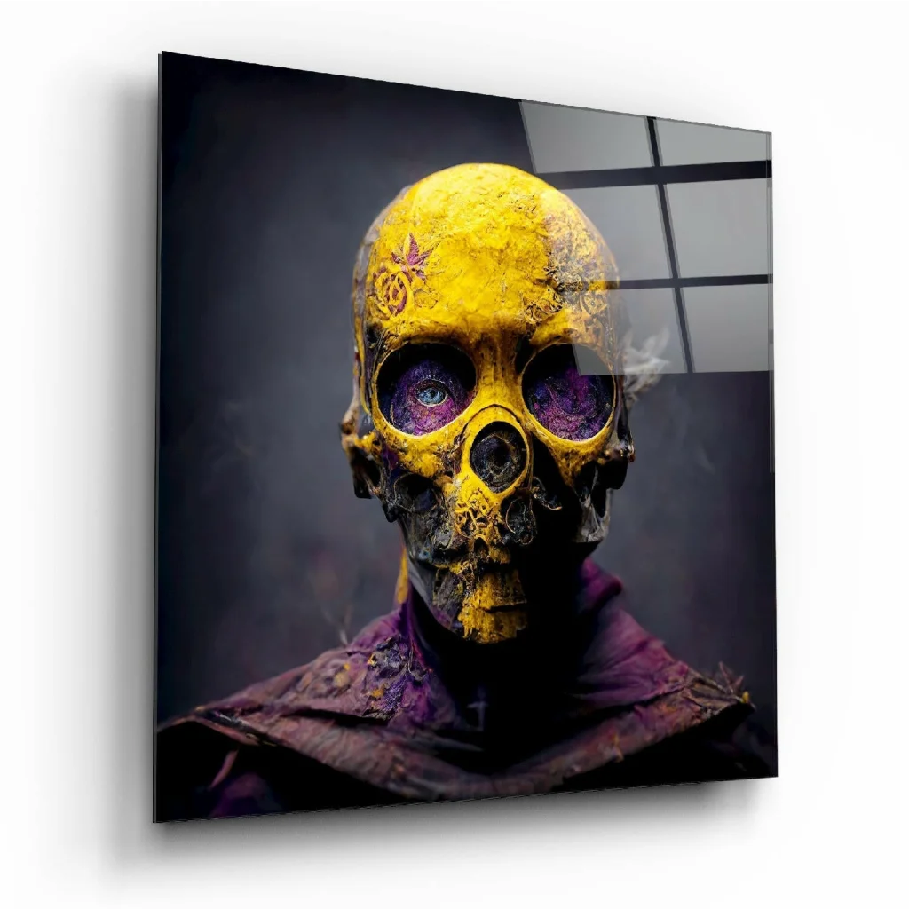 Purple eyed skull glass wall art with intricate yellow design