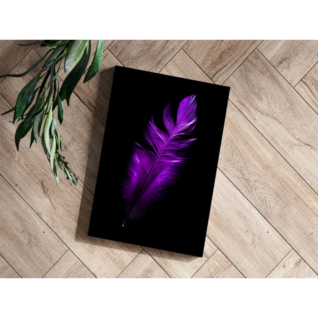 Vibrant purple feather on black canvas in stunning Insigne Aluminum Prints